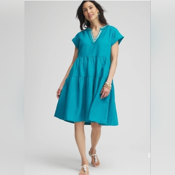 Chico's Women's Ecru 100% Linen Embellished Cap Sleeve Dress Sz 10 - Picture 2 of 15